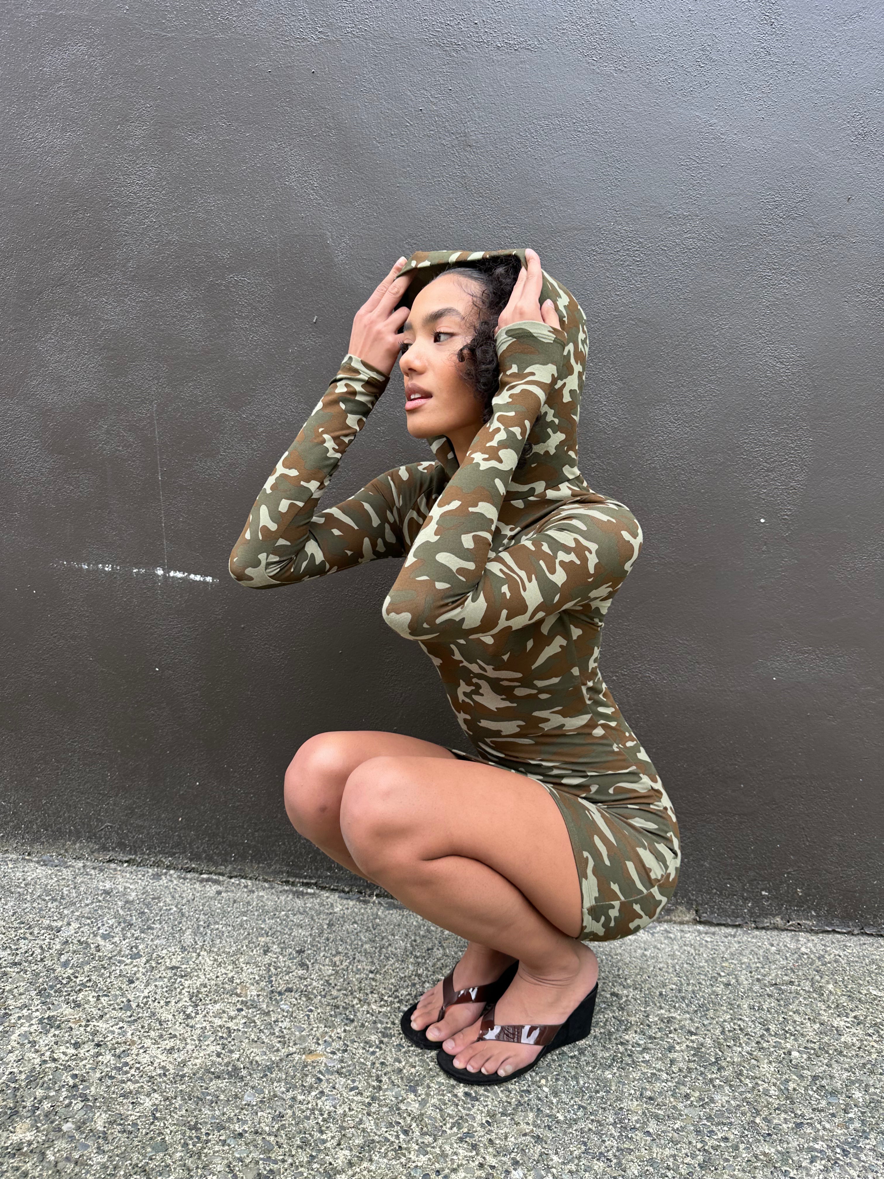 Camo Hooded Dress - Olive