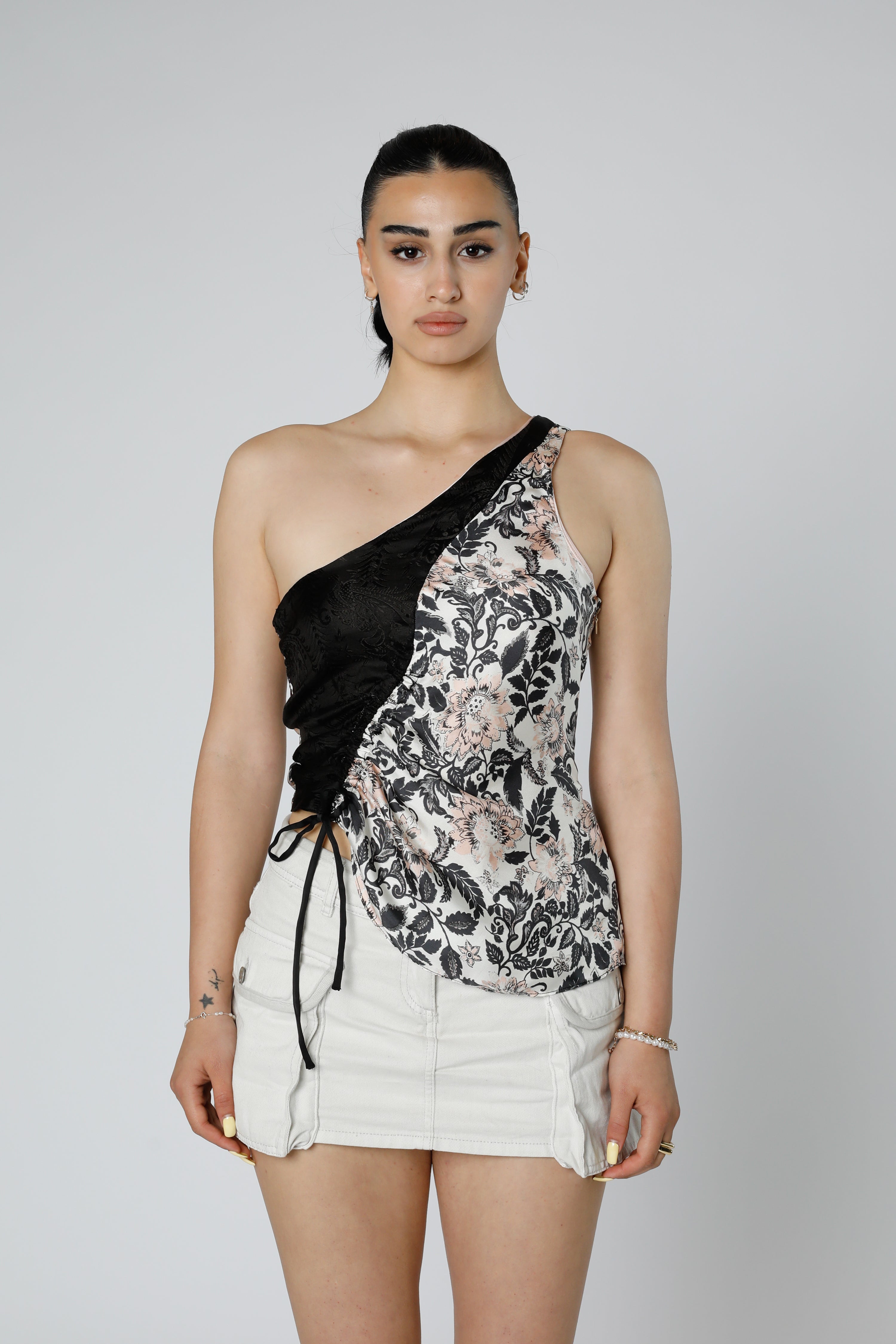 Rework Silk Scarf Ruche Tank - XS-TOPS-vendor-unknown-XS-Frankie Collective Rare Vintage Streetwear Reworks