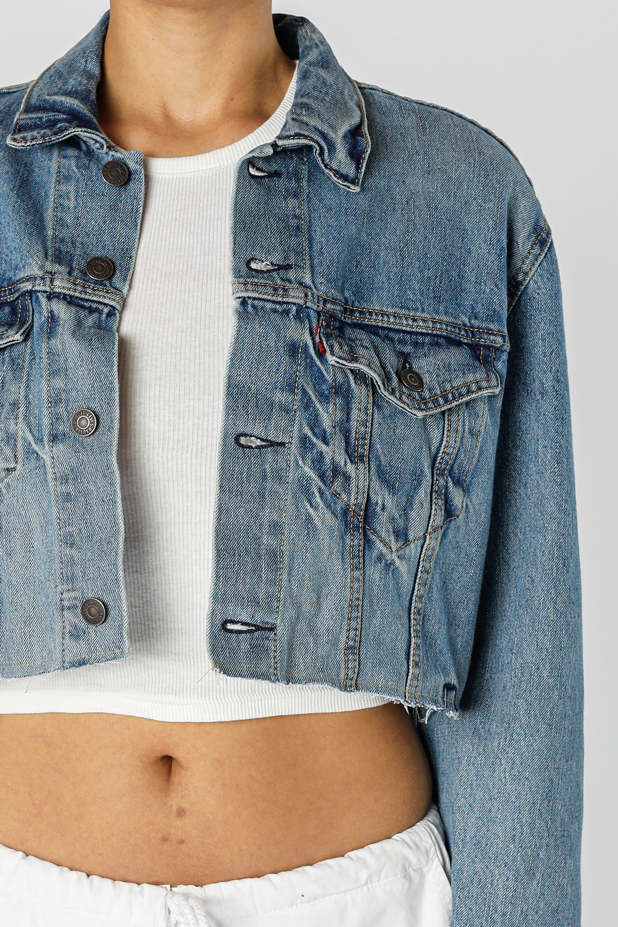 Rework Vintage Levi's Crop Denim Jacket - M-JACKETS-Levis-M-Frankie Collective Rare Vintage Streetwear Reworks