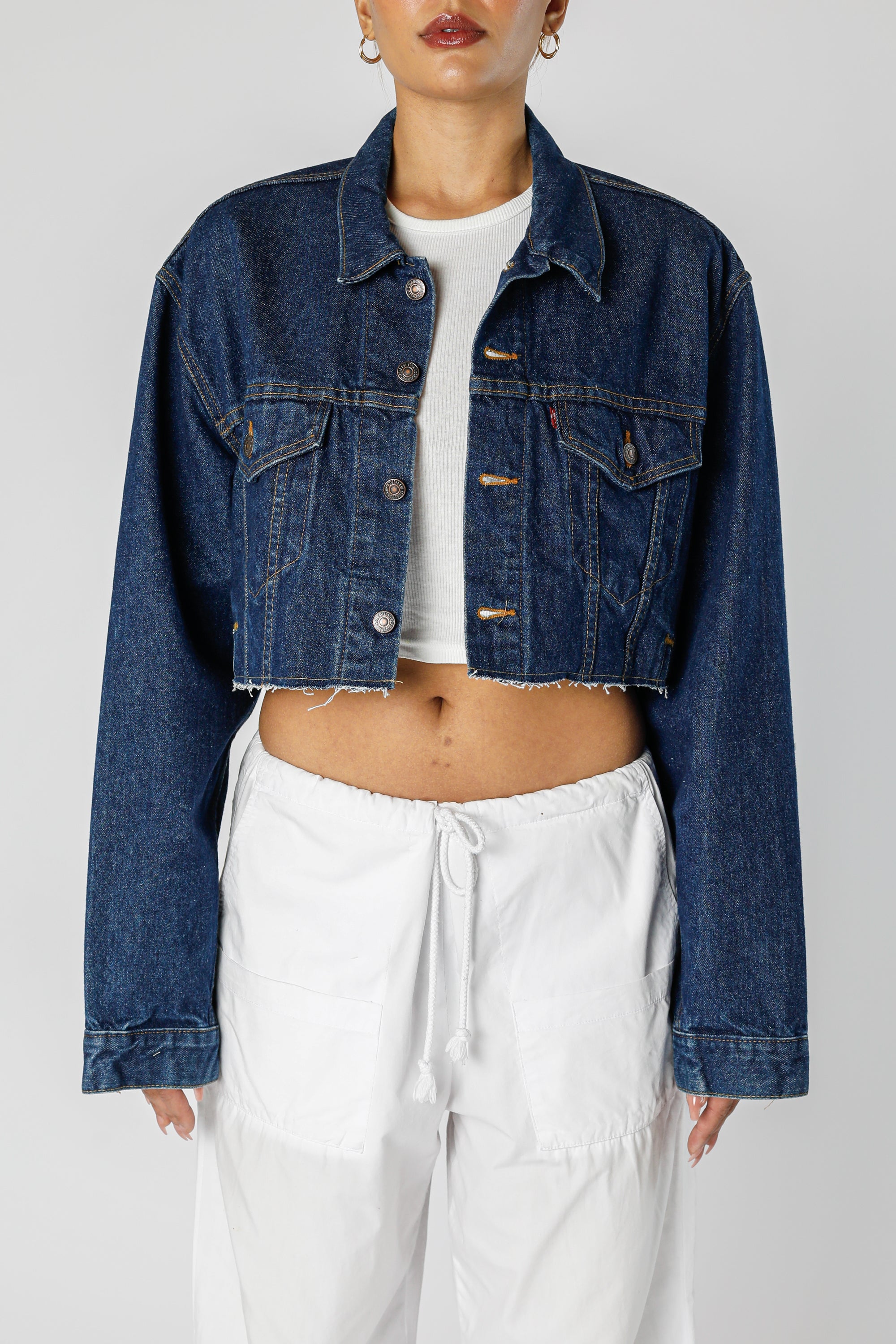 Rework Vintage Levi's USA Crop Denim Jacket - L-JACKETS-Levis-L-Frankie Collective Rare Vintage Streetwear Reworks