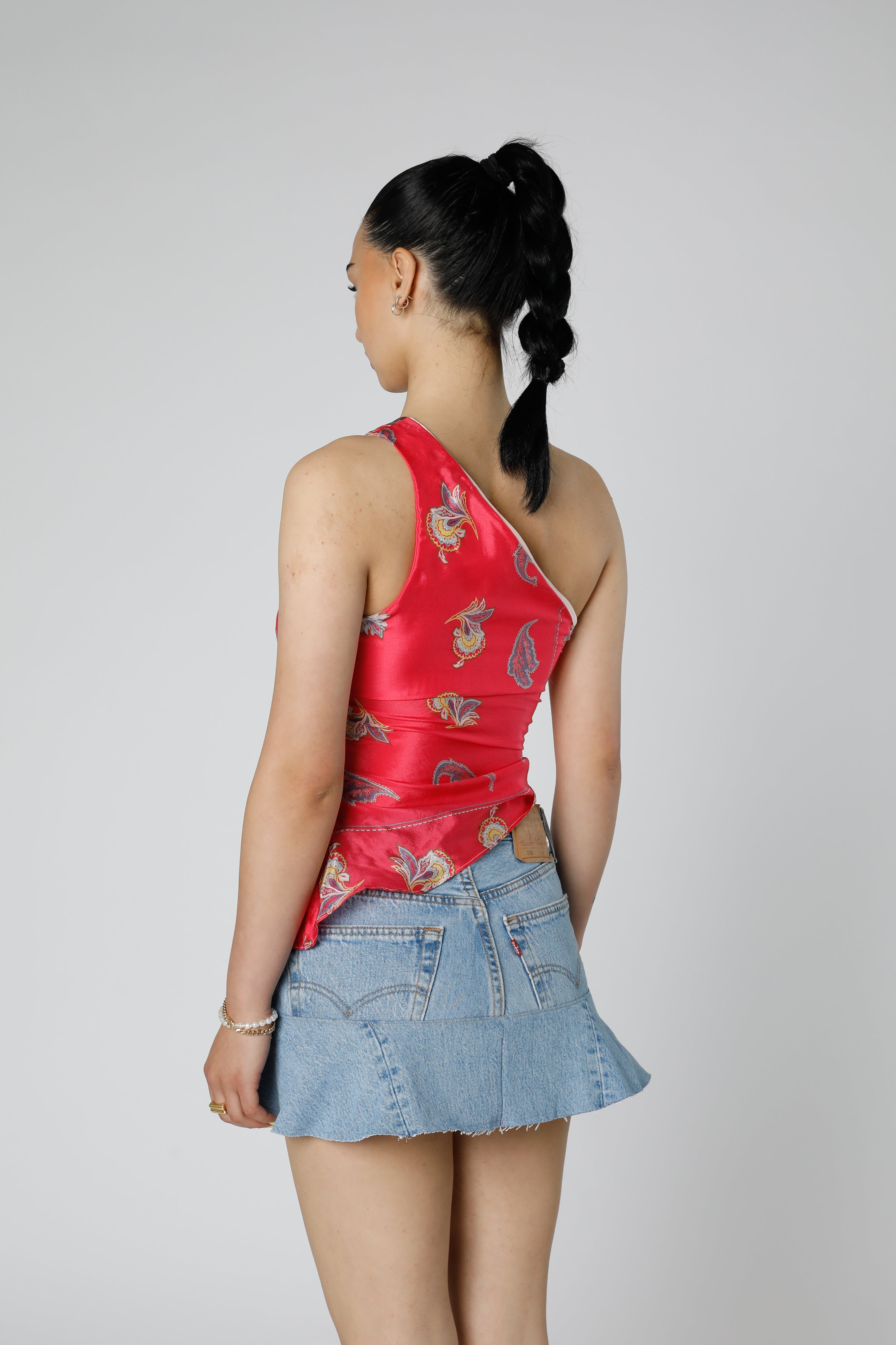 Rework Silk Scarf Ruche Tank - XS-TOPS-vendor-unknown-XS-Frankie Collective Rare Vintage Streetwear Reworks