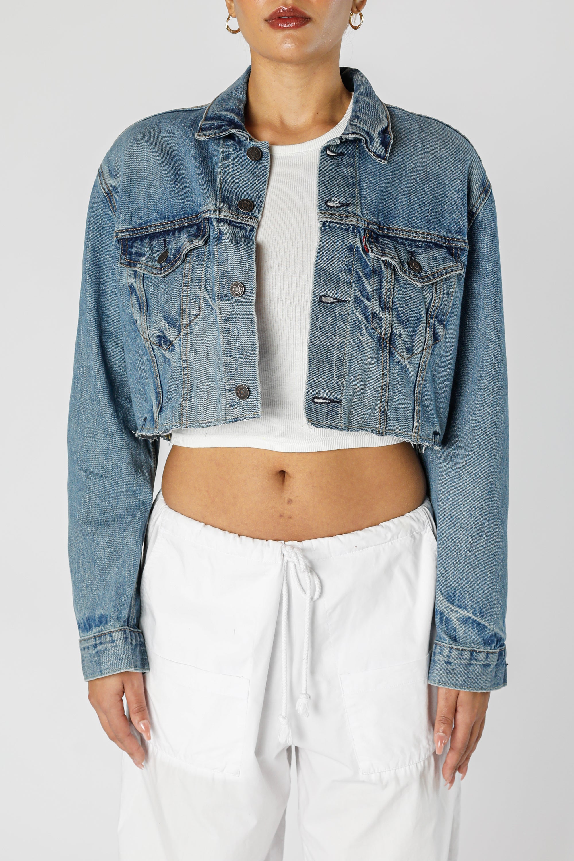 Rework Vintage Levi's Crop Denim Jacket - M-JACKETS-Levis-M-Frankie Collective Rare Vintage Streetwear Reworks