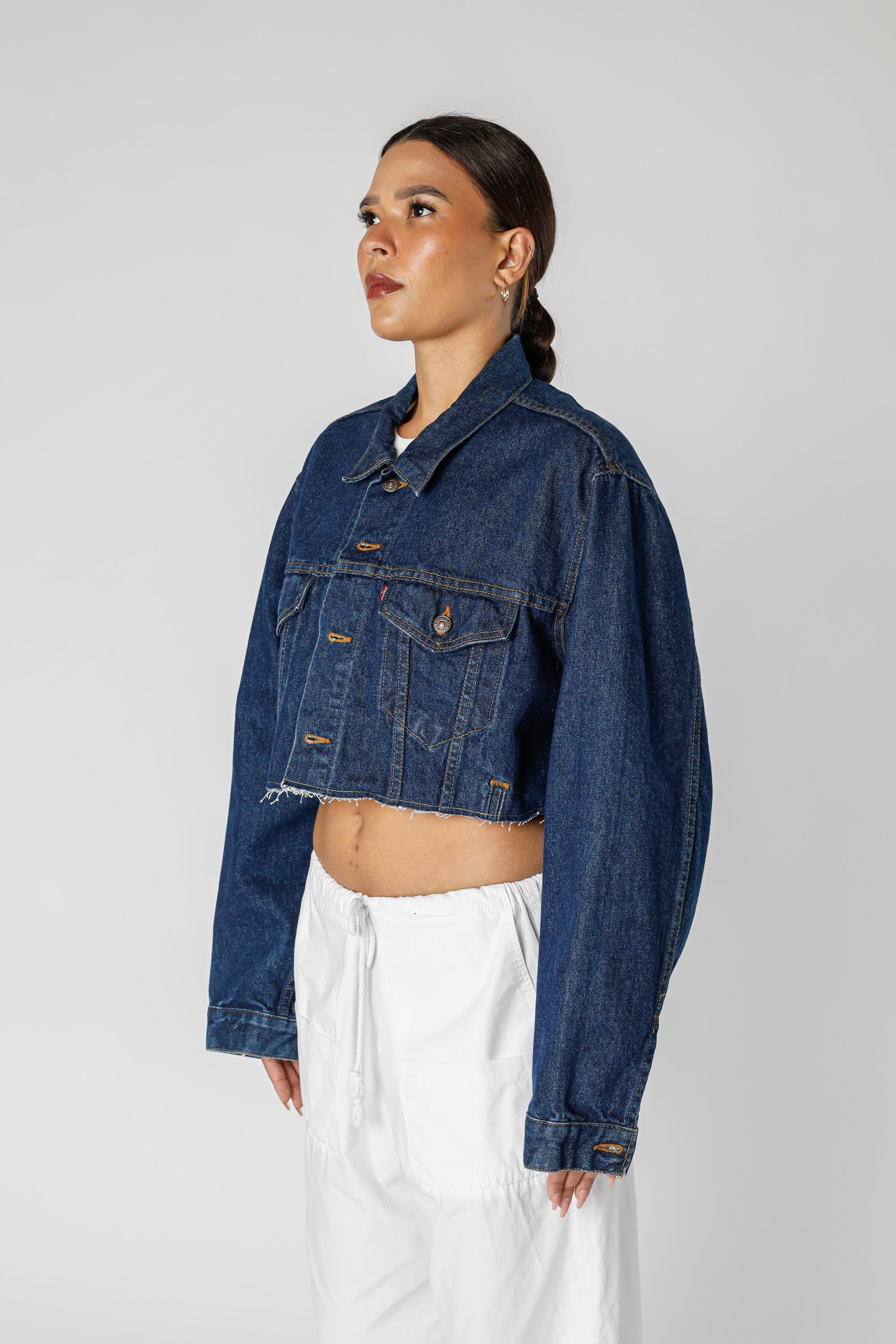 Rework Vintage Levi's USA Crop Denim Jacket - L-JACKETS-Levis-L-Frankie Collective Rare Vintage Streetwear Reworks
