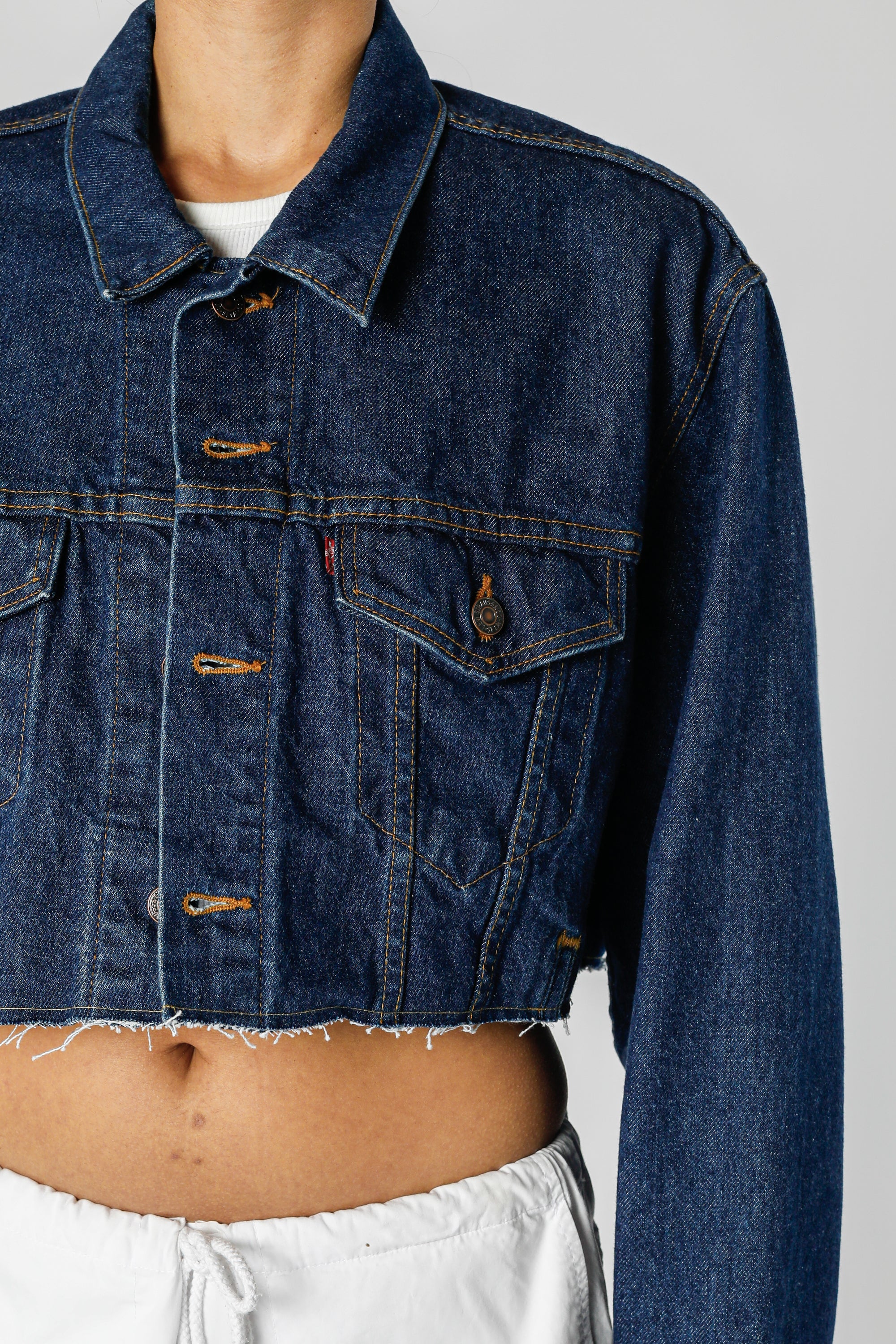 Rework Vintage Levi's USA Crop Denim Jacket - L-JACKETS-Levis-L-Frankie Collective Rare Vintage Streetwear Reworks