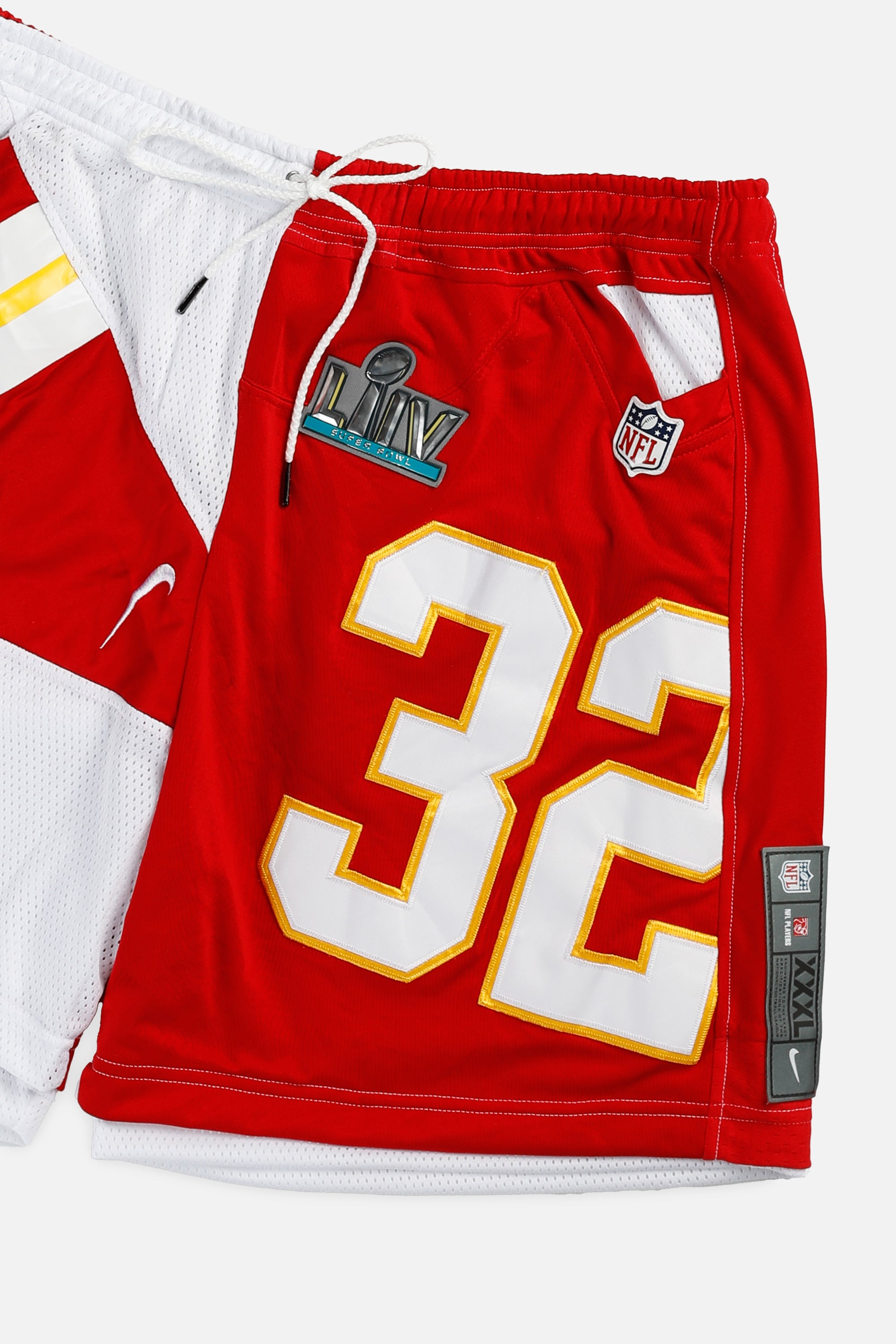 Unisex Rework Kansas City Chiefs NFL Jersey Shorts - XXL-BOTTOMS-NFL-Women's XXL - Men's XL-Frankie Collective Rare Vintage Streetwear Reworks